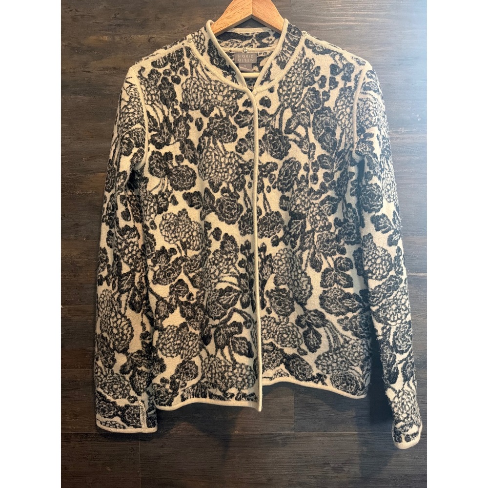 Sigrid Olsen Womens Black Cream Floral Wool Blend Snap Front Cardigan‎ Sweater S